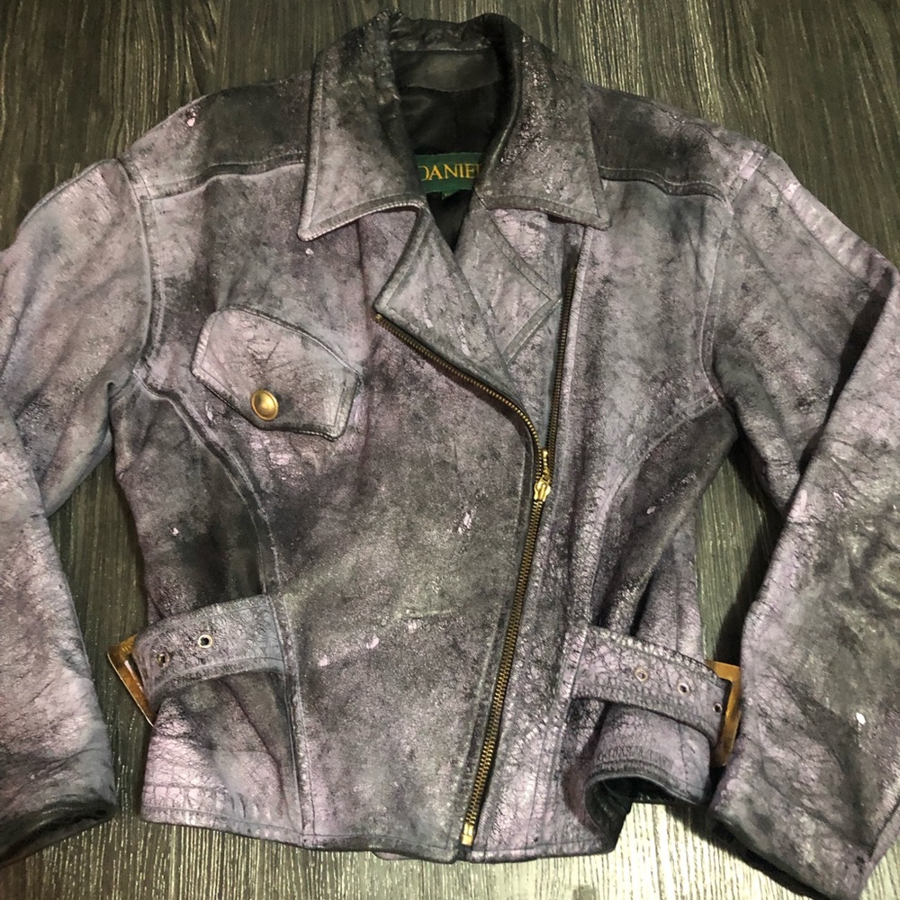 Danier vintage womens leather motto jacket. Customized w/purple distressed look.